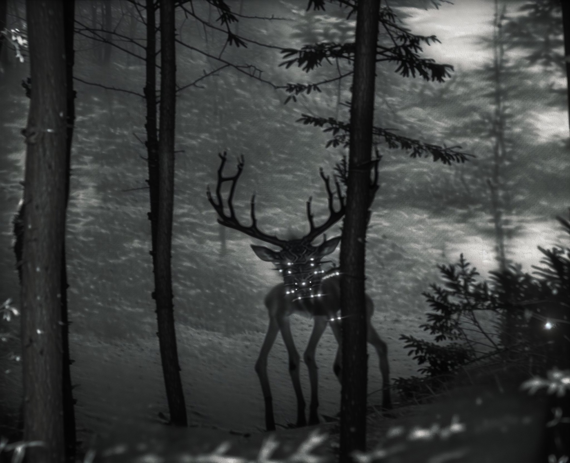 01493-181128102-a black and white photo of a deer in the woods, concept art by Bedwyr Williams, cgsociety, video art, screenshot of found footag.jpg